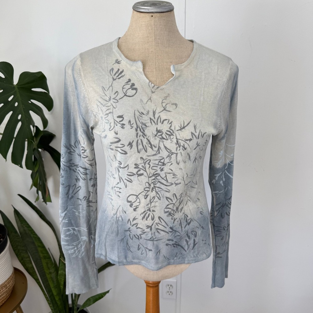 Marika Charles Silk Cashmere Top Women M Blue Ombre Floral Phly-Dye Long Sleeve